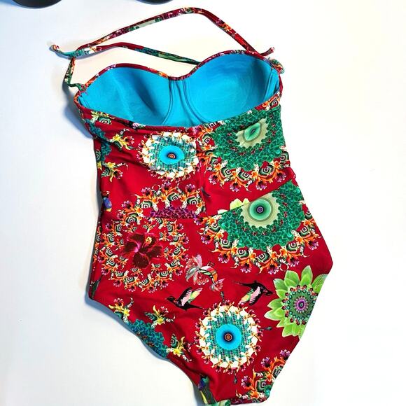Desigual One Piece Swimsuit Size M Tropical Removable Straps Flowers Birds - Picture 7 of 12